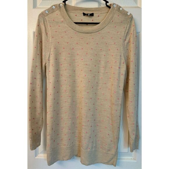 J.Crew Pink Polkadot 100% Merino Wool Lightweight Crewneck Sweater Size Medium - Picture 1 of 9